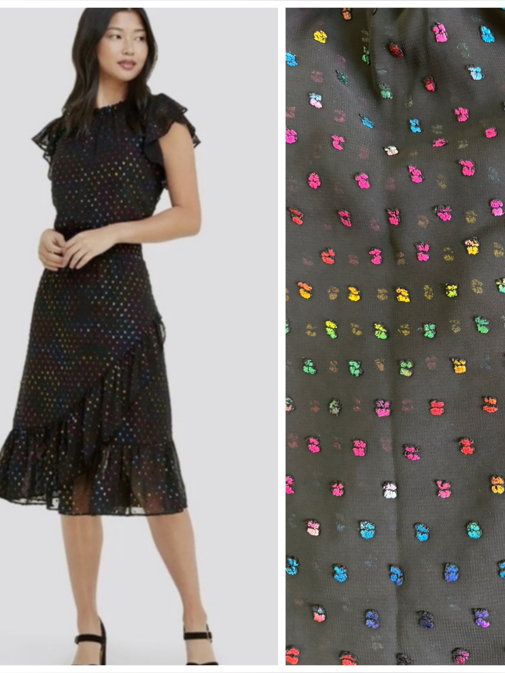 Black Ruffled Midi Dress with Multicolor Dot Embroidery